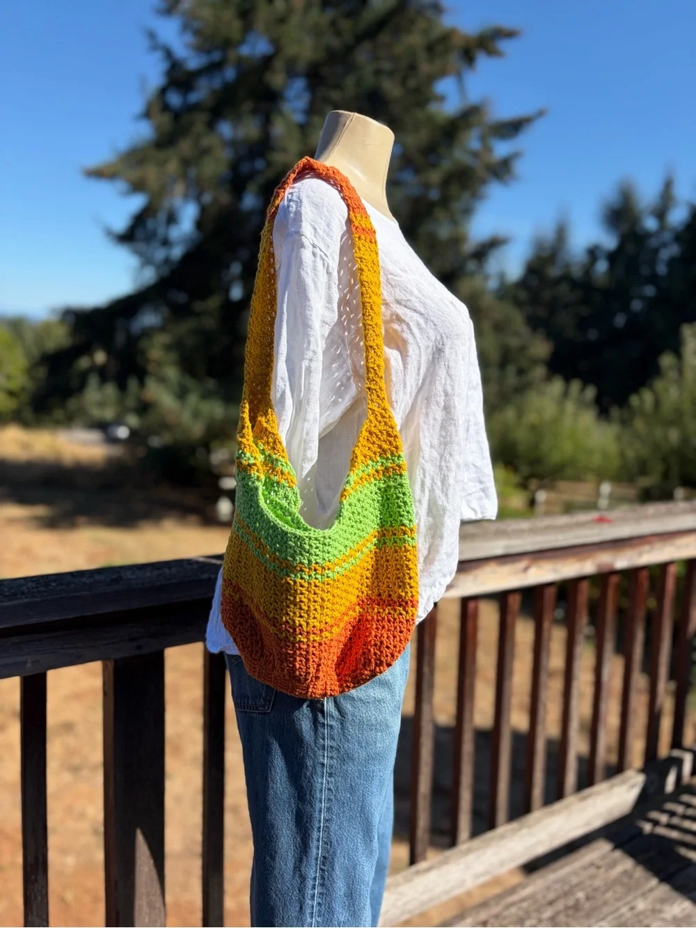 Handmade Crochet Shoulder Bag in Green, Yellow & Orange Hippie Granola Natural